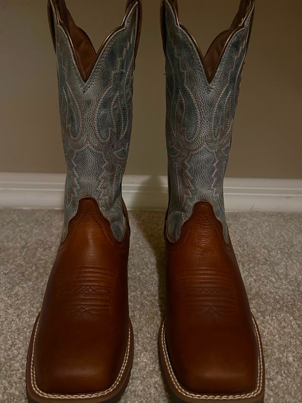 NWOT- Ariat Hybrid Ranchwork Worn Denim Western Cowboy Boots Brown Blue 7B